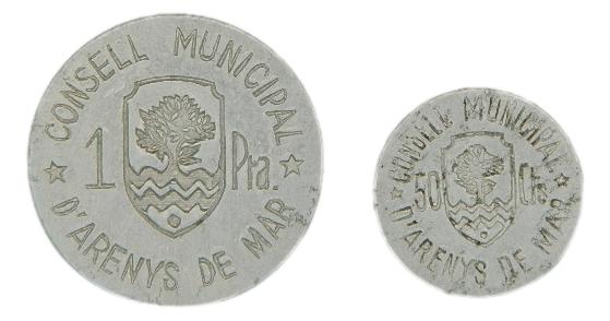 PAREJA MONEDAS ARENYS DE MAR - 1 peseta y 50 centimos 