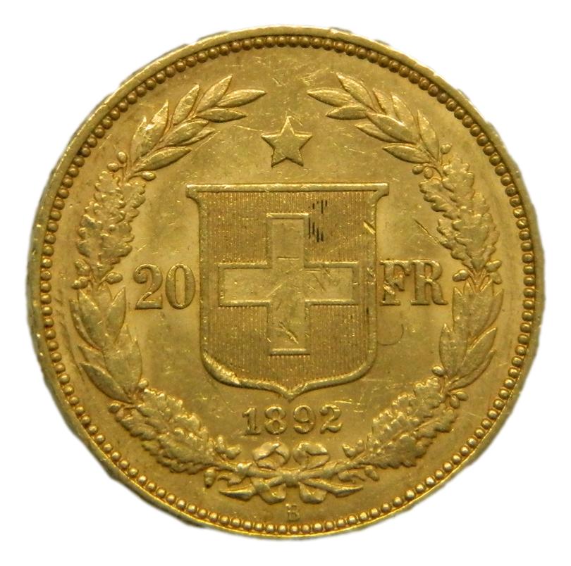 1892 B - SUIZA - 20 FRANCS - ORO