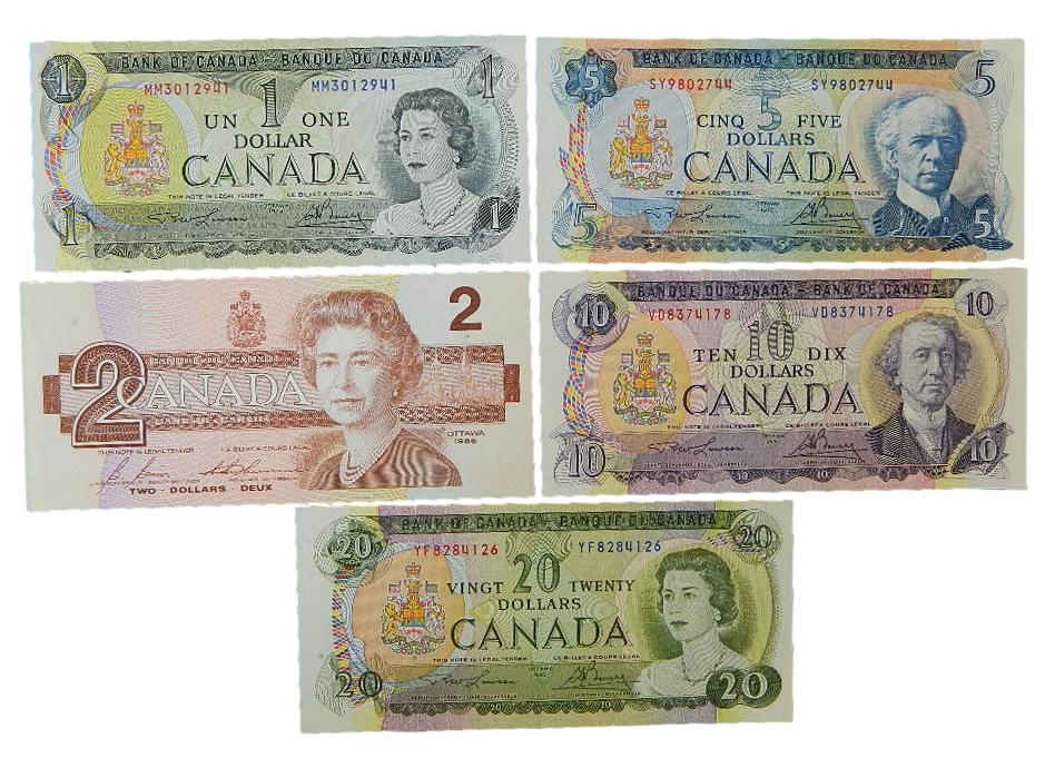 CANADA - SERIE 5 BILLETES - 20, 10, 5, 2 Y 1 DOLLAR - EBC/EBC+